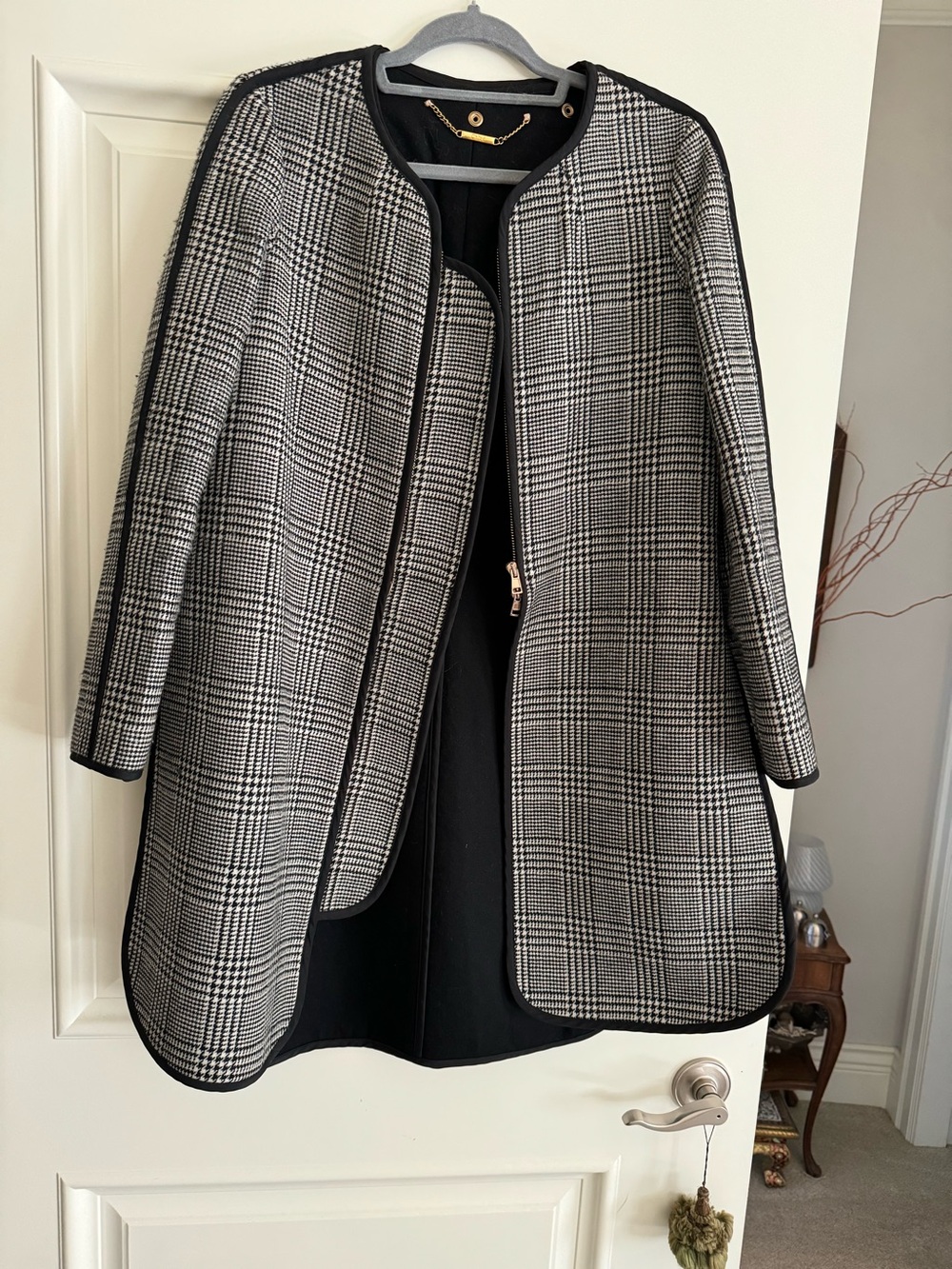 Chloe Black & White Plaid Coat with Black Trim
